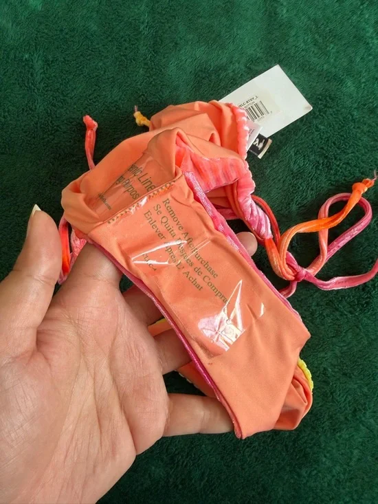 Dippin' Daisy's Coral and Tie-Dye Pink Yellow Ribbed Bikini Bottom - Picture 5 of 7